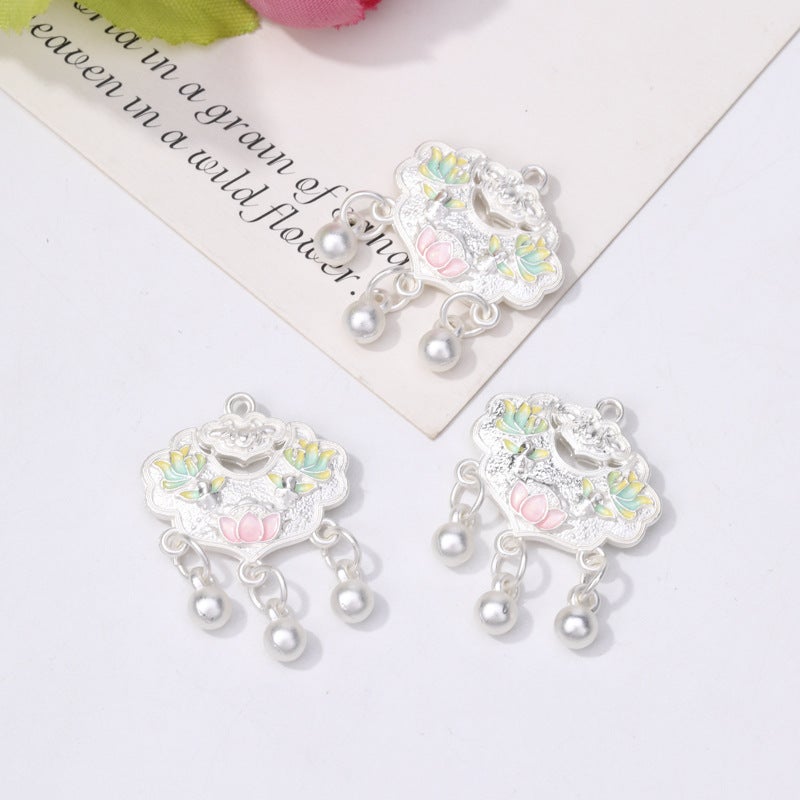 Alloy Silver Lucky Cat Lion Charm Pendant Lotus lock no. 17 