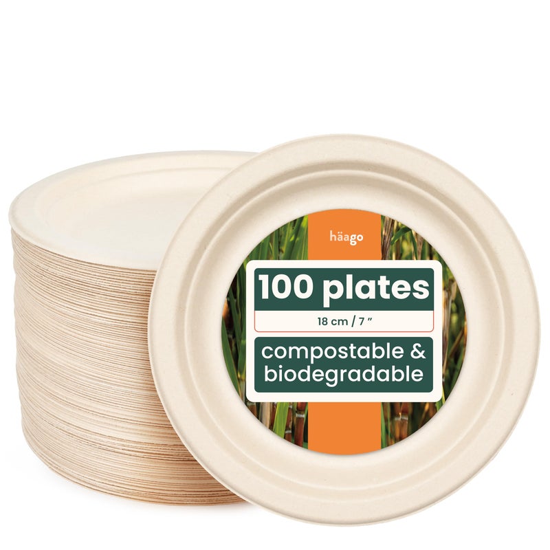HAAGO 100 Biodegradable Disposable Sugarcane Bagasse Plates  for Parties Weddings BBQs  Home Compostable  EcoFriendly Dessert Plates  18 cm  7