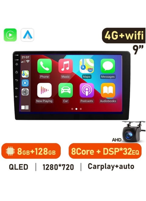 9 Inch Android Car Stereo 8GB RAM 128GB Memory Octa-Core Processor Support Apple Carplay Android Auto Wireless QLED Touch Screen DSP Bluetooth AHD Camera Included Fast Interface Quick Boot