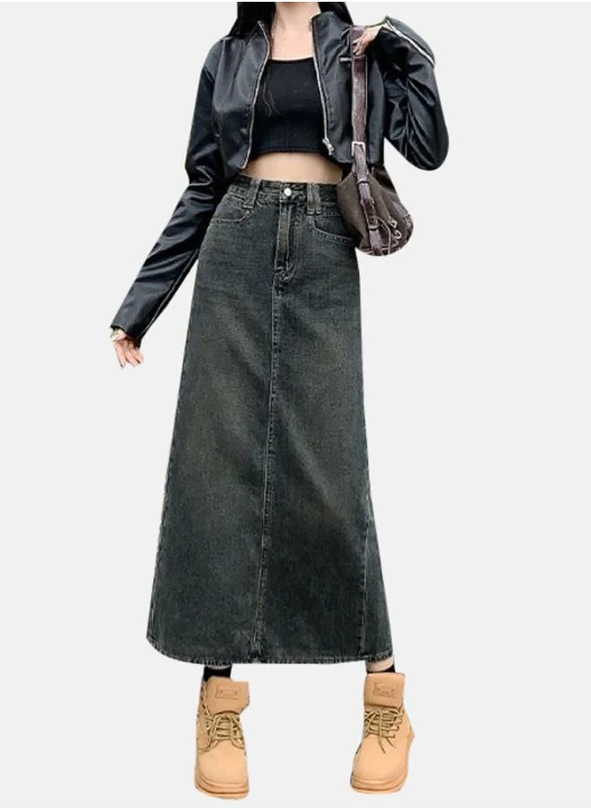 يونيكي Black Denim A-Line Midi Denim Skirt