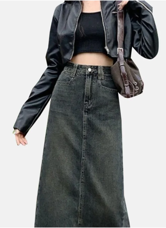 يونيكي Black Denim A-Line Midi Denim Skirt