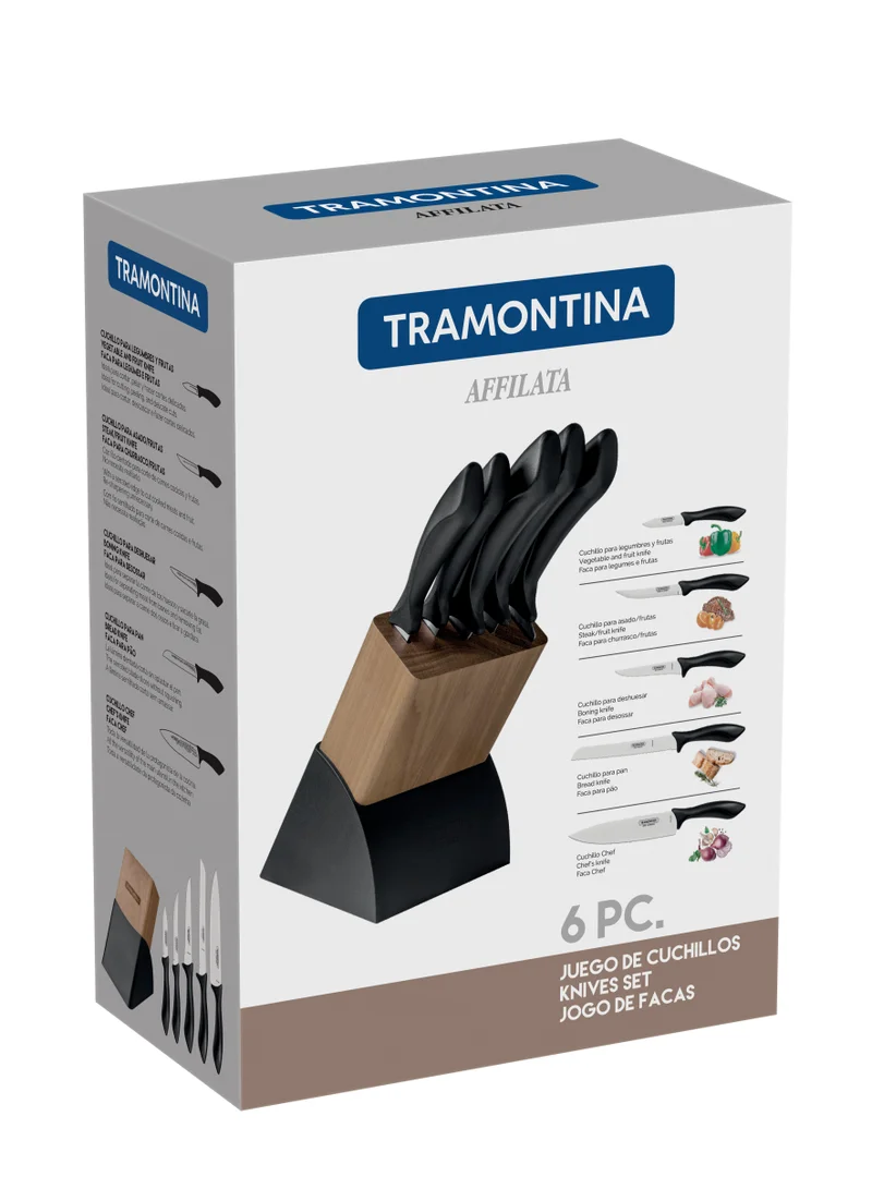 TRAMONTINA Tramontina Affilata 5 Pieces Knife and 1 Block Set with Stainless Steel Blade and Black Polypropylene Handle