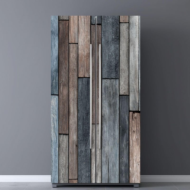 Self Adhesive Vinyl Refrigerator Wrap Set Organic Reclaimed Wood Surface Smoky Gray Brown Undertones Self Stick Door Mural Sticker Removable Refrigerator Wrap Decal Kitchen Bar Decor - Image 1