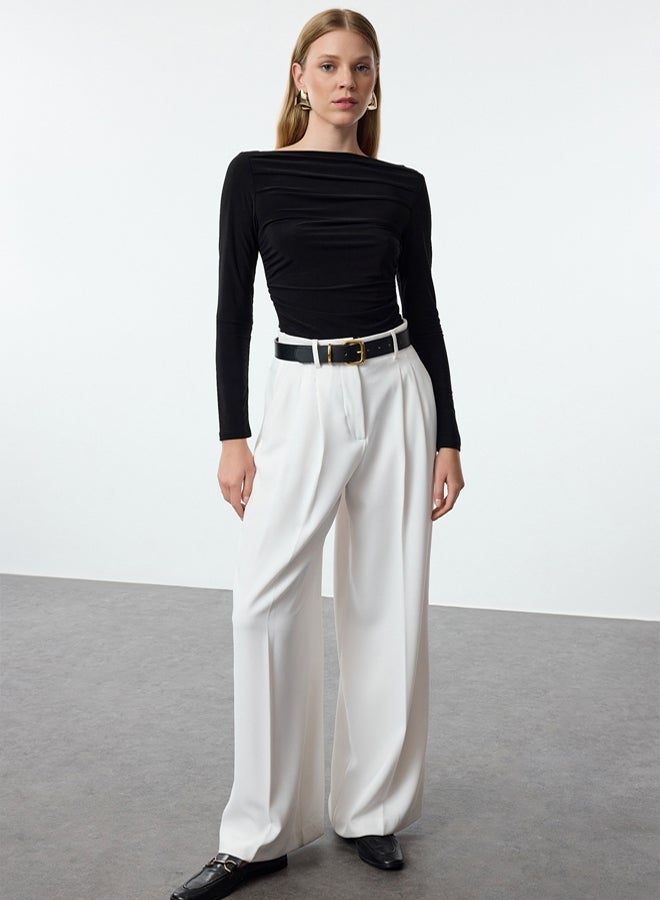 trendyol Black Boat Neck Draped Fitted Stretchy Knitted Blouse - Image 2