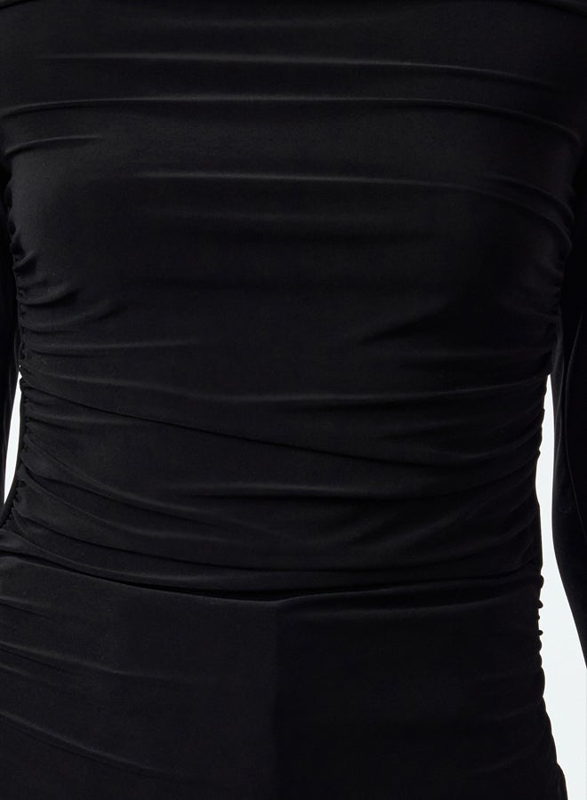 trendyol Black Boat Neck Draped Fitted Stretchy Knitted Blouse - Image 4