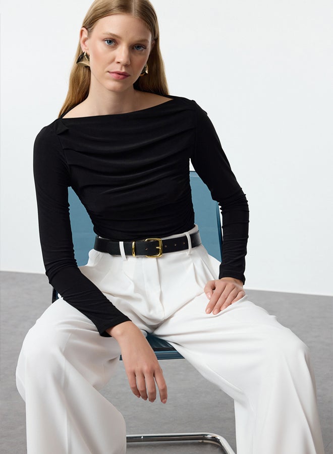 trendyol Black Boat Neck Draped Fitted Stretchy Knitted Blouse - Image 1