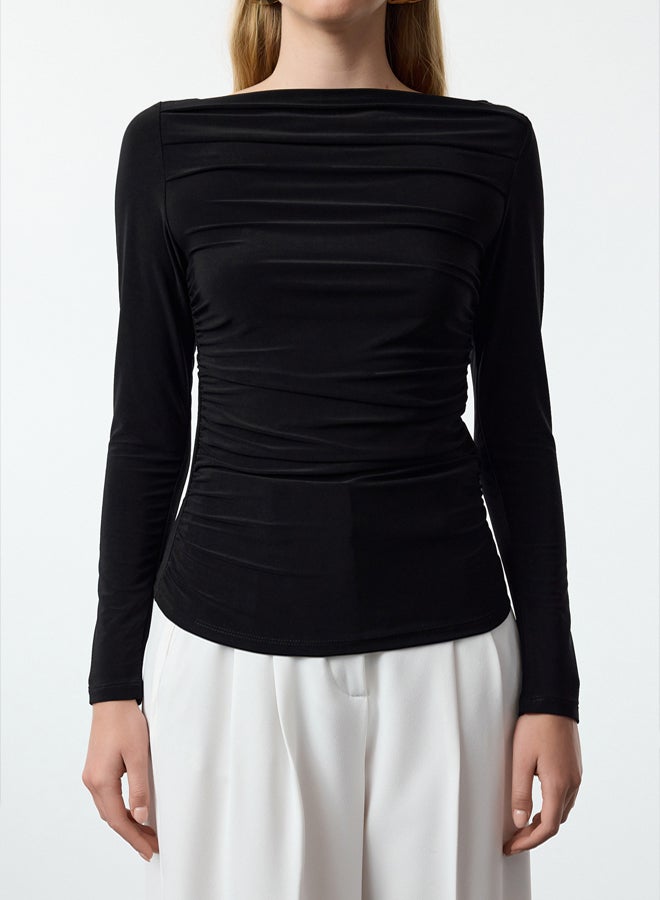 trendyol Black Boat Neck Draped Fitted Stretchy Knitted Blouse - Image 3