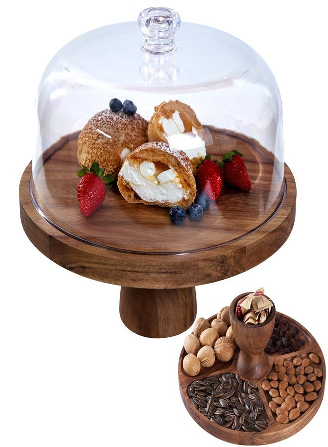 LiTY Cake Stand with Lid, Multi-Functional 12in Round Cake Holder, Acacia Wood 2-in-1 Dessert Table Display Set, Charcuterie Board for Cheese ,Fruit Platter, Large Acrylic Cake Dome Cover - Image 1