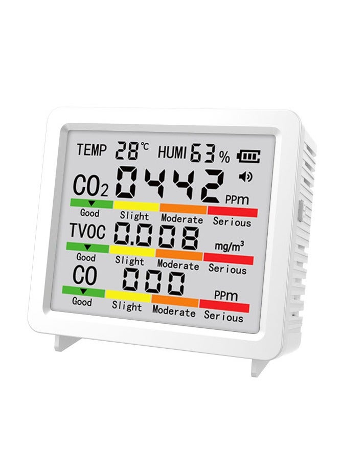 جهاز فحص جودة الهواء 5 في 1 مع قياس CO₂ وCO وTVOC، عرض درجة الحرارة والرطوبة، جهاز مراقبة هواء مزدوج الطاقة - Image 1