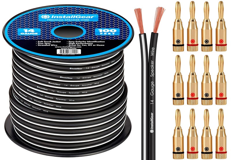 InstallGear 14 Gauge Speaker Wire with Banana Plugs (100ft White/Black) - Car, Home, Theater Speakers - Image 1
