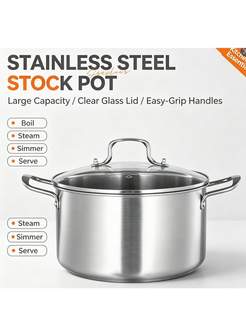 Stainless Steel Stock Pot with Tempered Glass Lid, Double Handles Deep Soup Pot, Large Capacity Cooking Pot for Boiling Stew Pasta, Compatible with Induction & Gas Stoves - Image 1