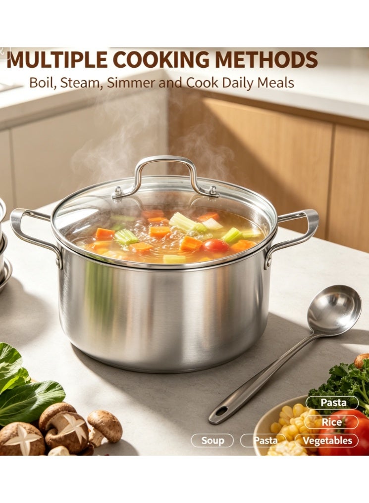 Stainless Steel Stock Pot with Tempered Glass Lid, Double Handles Deep Soup Pot, Large Capacity Cooking Pot for Boiling Stew Pasta, Compatible with Induction & Gas Stoves - Image 3