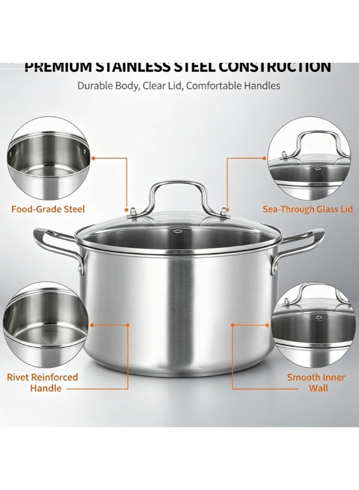 Stainless Steel Stock Pot with Tempered Glass Lid, Double Handles Deep Soup Pot, Large Capacity Cooking Pot for Boiling Stew Pasta, Compatible with Induction & Gas Stoves - Image 2