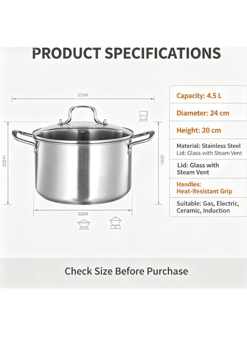Stainless Steel Stock Pot with Tempered Glass Lid, Double Handles Deep Soup Pot, Large Capacity Cooking Pot for Boiling Stew Pasta, Compatible with Induction & Gas Stoves - Image 4