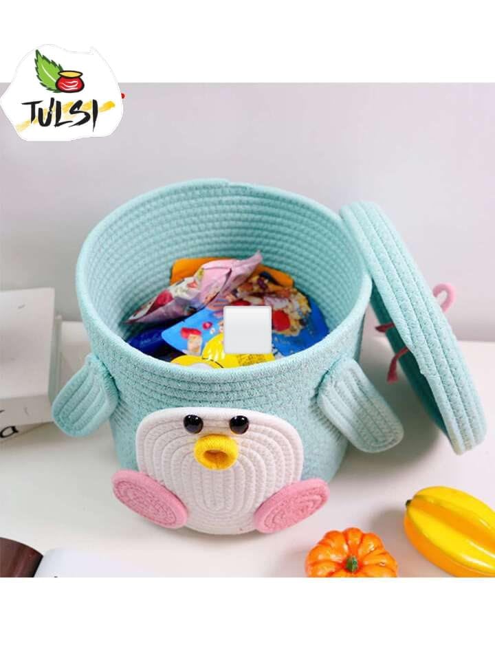 Rosslyn Kids Lid Basket with Beautiful Characters - Rope Storage Basket for Baby Diaper, Stuffed Animal Storage Bin Rope Basket for Kids Toy, Baby Laundry Baskets with lid - Blue Birdd - Image 2