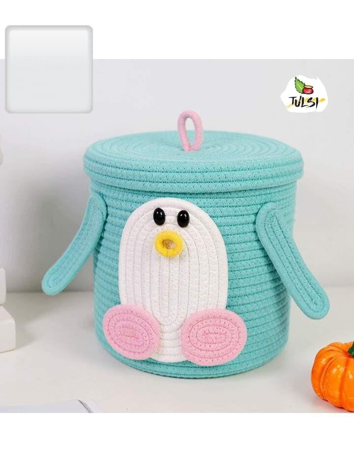 Rosslyn Kids Lid Basket with Beautiful Characters - Rope Storage Basket for Baby Diaper, Stuffed Animal Storage Bin Rope Basket for Kids Toy, Baby Laundry Baskets with lid - Blue Birdd - Image 1