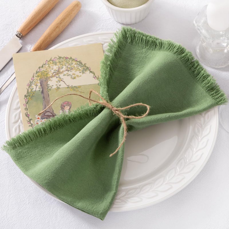 DeZerlor 6 Pack Sage Green Cotton Linen Napkins with Fringe Spring Easter Cloth Napkins Set of 6 Boho Handmade Dinner Napkins Bulk for Wedding Bridal Baby Shower Parties, 17 x 17 Inches - Image 4