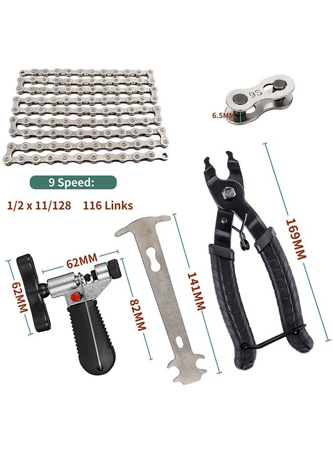 UNUNS سلسلة دراجة 6/7/8 سرعات مع أدوات إصلاح سلسلة احترافية، مجموعة إصلاح سلسلة الدراجة - كماشة وصلة الدراجة + أداة تقسيم سلسلة الكسارة + فاحص السلسلة + 3 أزواج من وصلات الدراجة المفقودة، إزالة السلسلة وتثبيتها - Image 2