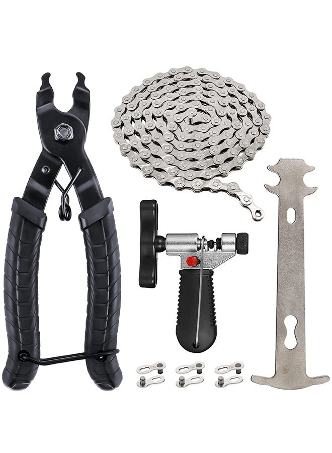 UNUNS سلسلة دراجة 6/7/8 سرعات مع أدوات إصلاح سلسلة احترافية، مجموعة إصلاح سلسلة الدراجة - كماشة وصلة الدراجة + أداة تقسيم سلسلة الكسارة + فاحص السلسلة + 3 أزواج من وصلات الدراجة المفقودة، إزالة السلسلة وتثبيتها - Image 1