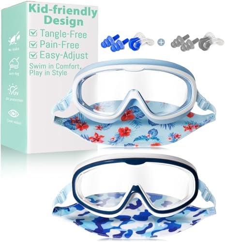 Pixel Panda 2 Pack Kids Swim Goggles with Fabric Strap for 6-14 Wide View Anti-Fog Anti-UV,No Hair Pulling Swimming Goggles Boys Girls Youth Pool Water Protection - Image 1