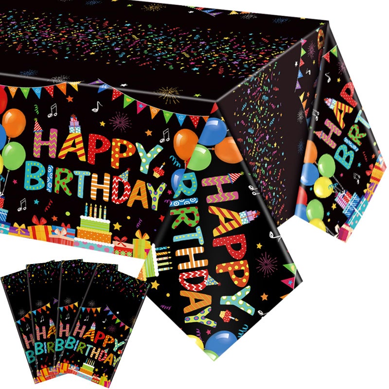 Tingjoo 4 Pcs Happy Birthday Tablecloth 54'' x 108'' Disposable Birthday Table Cover Plastic Colorful Balloons for Kid Boy Girl Party Decoration Supplies(Black) - Image 1