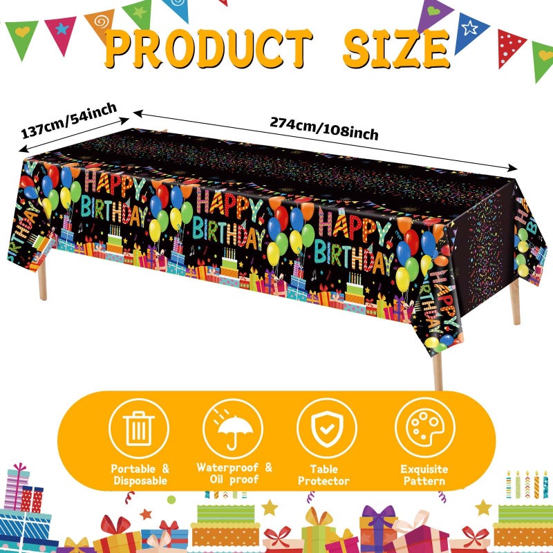 Tingjoo 4 Pcs Happy Birthday Tablecloth 54'' x 108'' Disposable Birthday Table Cover Plastic Colorful Balloons for Kid Boy Girl Party Decoration Supplies(Black) - Image 3
