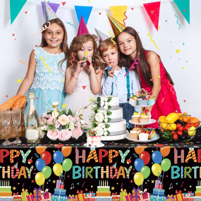 Tingjoo 4 Pcs Happy Birthday Tablecloth 54'' x 108'' Disposable Birthday Table Cover Plastic Colorful Balloons for Kid Boy Girl Party Decoration Supplies(Black) - Image 4
