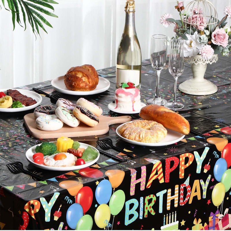 Tingjoo 4 Pcs Happy Birthday Tablecloth 54'' x 108'' Disposable Birthday Table Cover Plastic Colorful Balloons for Kid Boy Girl Party Decoration Supplies(Black) - Image 5