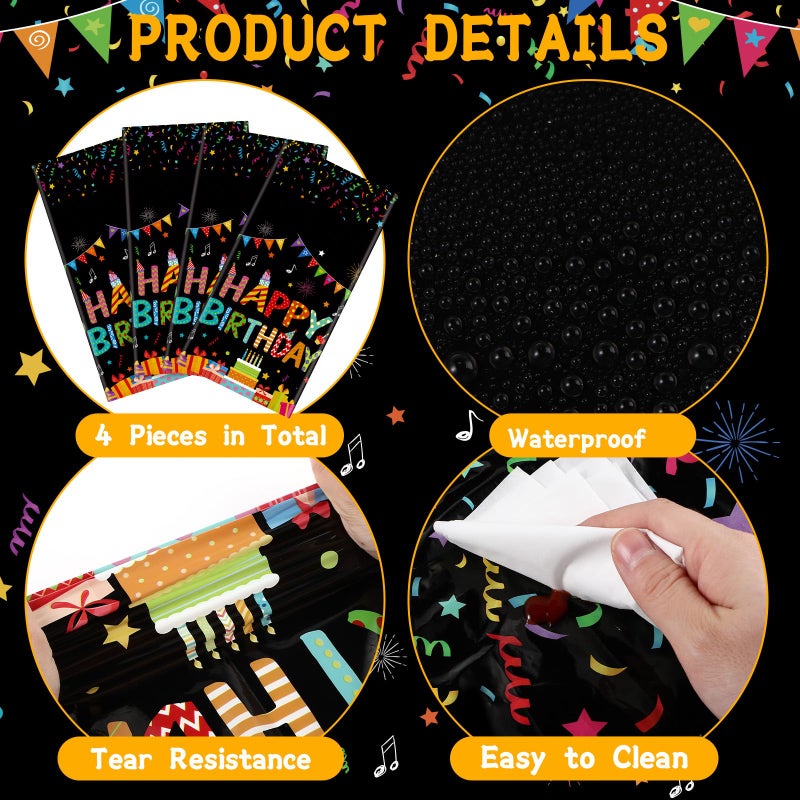 Tingjoo 4 Pcs Happy Birthday Tablecloth 54'' x 108'' Disposable Birthday Table Cover Plastic Colorful Balloons for Kid Boy Girl Party Decoration Supplies(Black) - Image 2