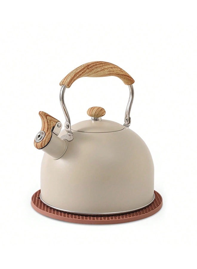 2.5L Stainless Steel Tea Kettle with Wood Style Folding Handle, Tea Kettle Whistle Compatible with Most Stoves  - Image 1