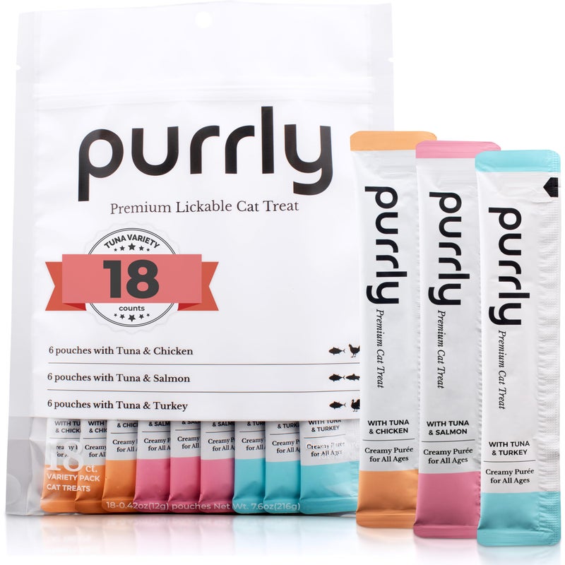 Purrly Cat Treat Snack Wet Lickable Low Calorie Healthy Grain-Free Tuna Variety Packs (18 Count) Squeezable Creamy PurÃ©e with Human-Grade Proteins and Functional Nutrients No-Artificial-Additives - Image 1