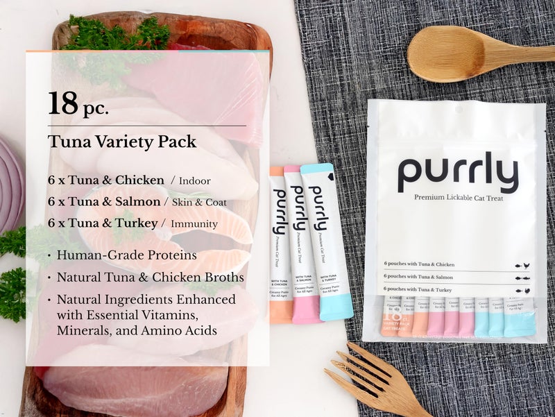 Purrly Cat Treat Snack Wet Lickable Low Calorie Healthy Grain-Free Tuna Variety Packs (18 Count) Squeezable Creamy PurÃ©e with Human-Grade Proteins and Functional Nutrients No-Artificial-Additives - Image 2