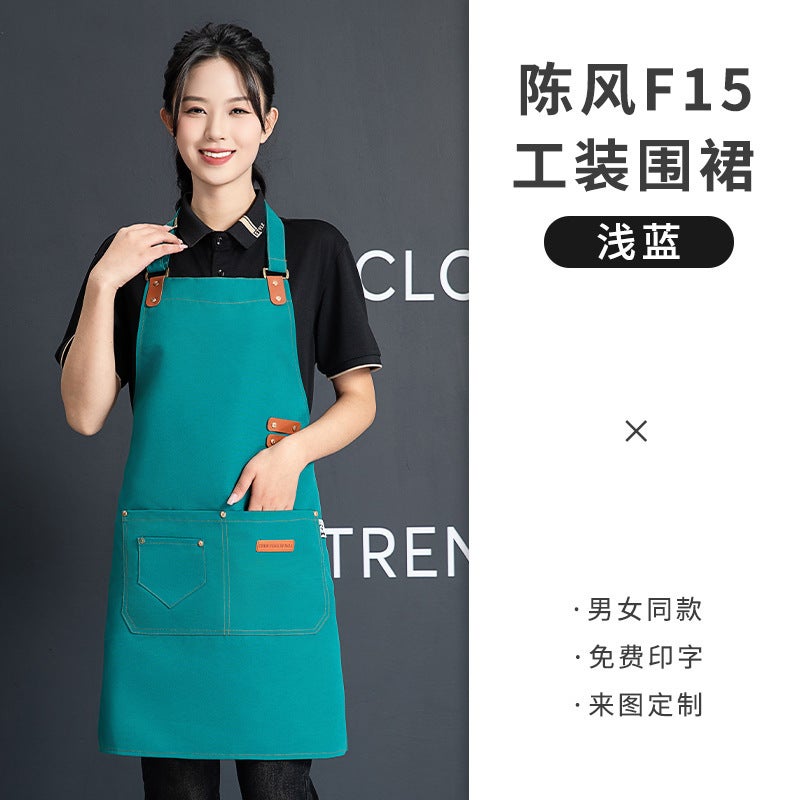 Canvas Apron Printing Embroidered logo Printing Supermarket Milk Tea Shop Coffee Hot Dyeing Specialist Catering Special Waterproof Work Clothes Women Light blue