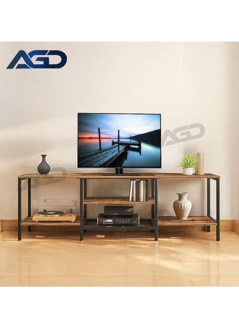 طاولة وحدة تحكم تلفزيون متعددة الوظائف لغرفة المعيشة المنزلية، حامل تلفزيون 180*40*52 سم يدعم شاشات تلفزيون حتى 75 بوصة، إطار معدني وأرفف لعرض وتخزين الأغراض المختلفة / لون بني