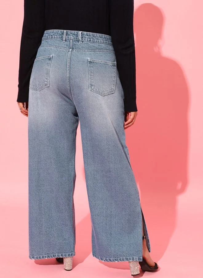CURVY STREET Flared High-Rise Mildly Distressed Light Fade Jeans for Women