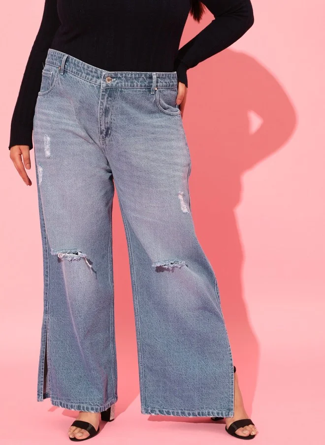 CURVY STREET Flared High-Rise Mildly Distressed Light Fade Jeans for Women