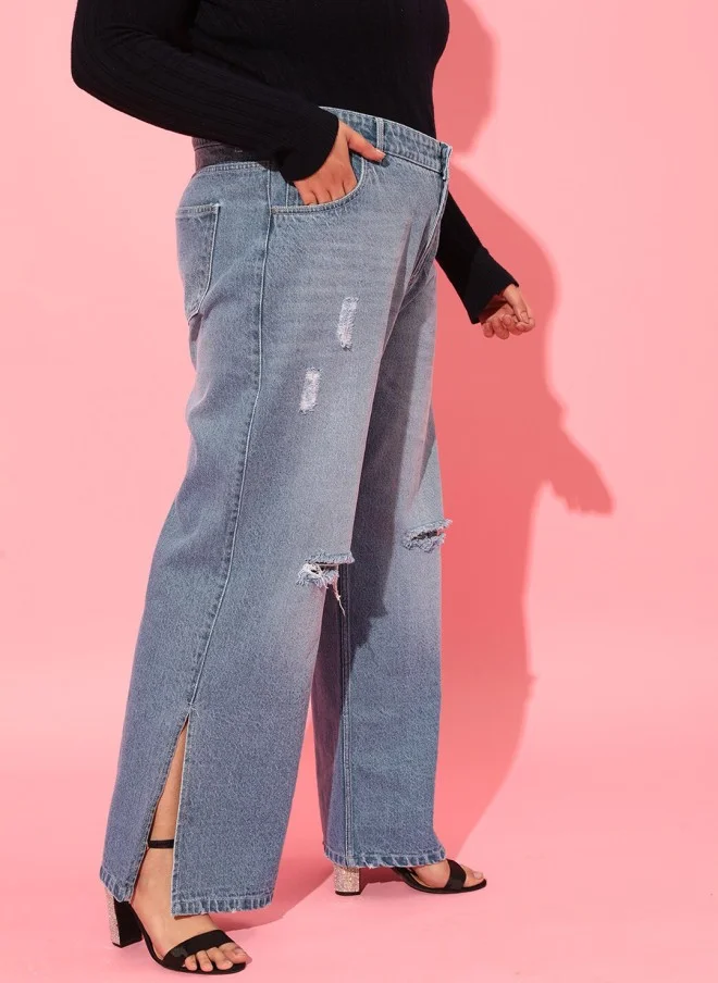 CURVY STREET Flared High-Rise Mildly Distressed Light Fade Jeans for Women