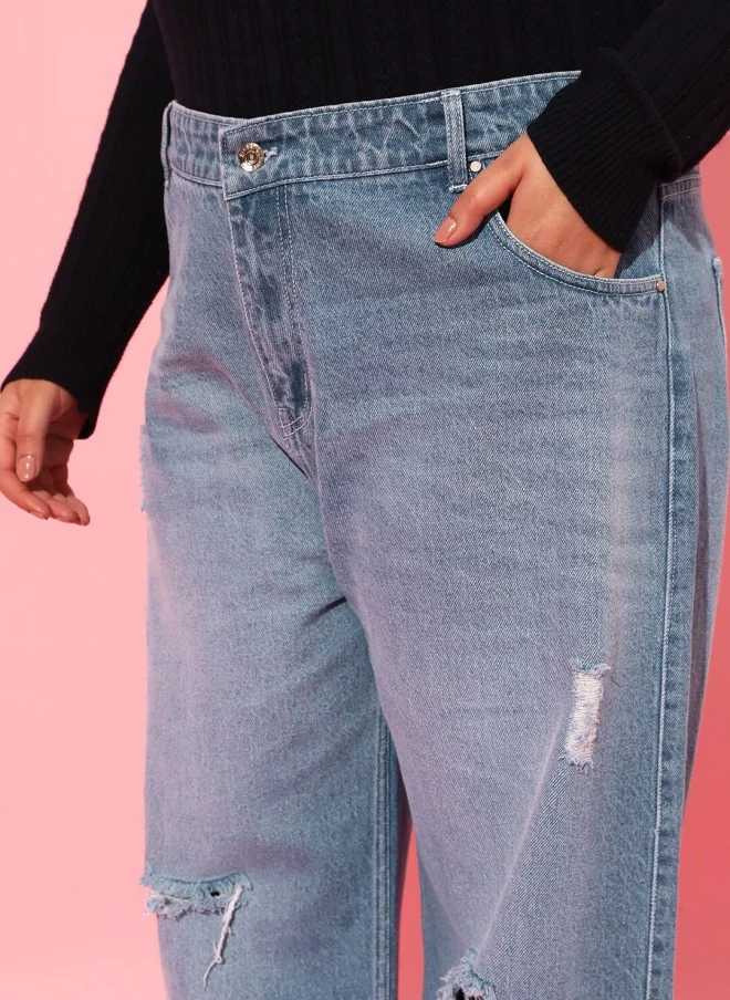 CURVY STREET Flared High-Rise Mildly Distressed Light Fade Jeans for Women