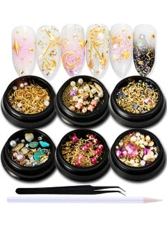 SILPECWEE 6 Boxes 3d Nail Charms AB Nail Rhinestones 3d Gold Caviar Nail Beads Nail Pearls Nail Gems Charms for Nails Acrylic Nail Jewelry Decoration with 1pc Tweezers Picker Pencil
