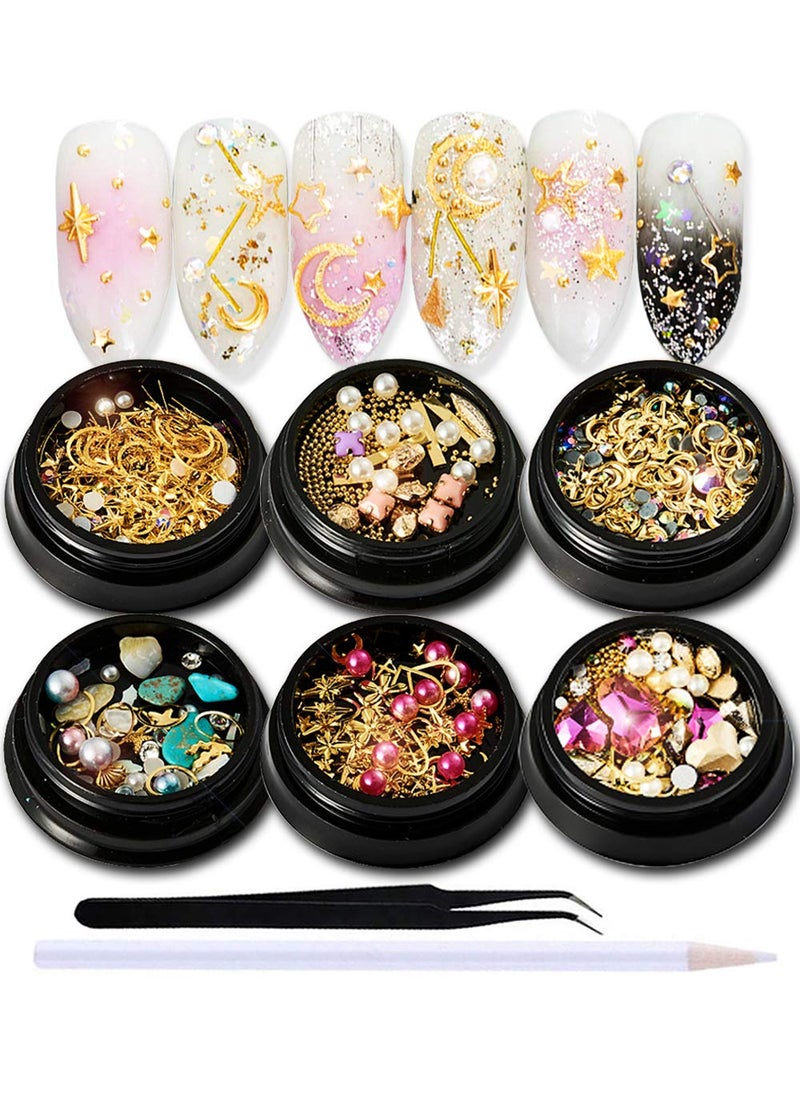 SILPECWEE - SILPECWEE 6 Boxes 3d Nail Charms AB Nail Rhinestones 3d Gold Caviar Nail Beads Nail Pearls Nail Gems Charms for Nails Acrylic Nail Jewelry Decoration with 1pc Tweezers Picker Pencil - Image 1