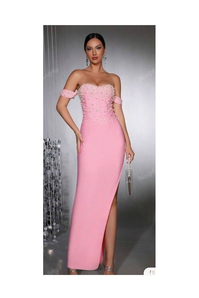 Shein New Summer Women Pink Off Shoulder Open-Slit Bandage Dress, Elegant For Wedding, Bridesmaid, Holiday Party, Formal Evening Gown Wedding Guest Dress  - Image 1