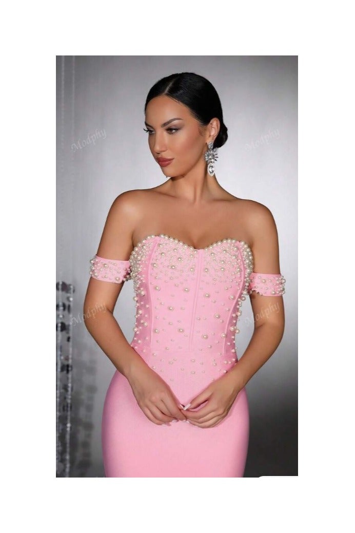 Shein New Summer Women Pink Off Shoulder Open-Slit Bandage Dress, Elegant For Wedding, Bridesmaid, Holiday Party, Formal Evening Gown Wedding Guest Dress  - Image 4
