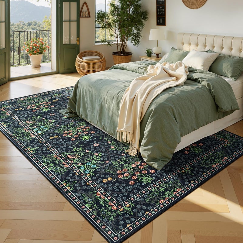 Lessymo Floral Black Green Washable Rugs 8x10, Living Room Area Rug Non Slip Boho Low Plie Large Carpet for Bedroom Dining Room Home Office, Vintage Flower Decor Distressed Retro Indoor - Image 2