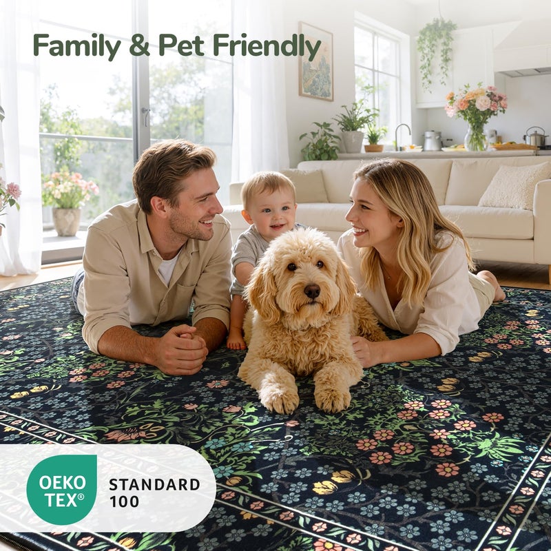 Lessymo Floral Black Green Washable Rugs 8x10, Living Room Area Rug Non Slip Boho Low Plie Large Carpet for Bedroom Dining Room Home Office, Vintage Flower Decor Distressed Retro Indoor - Image 4