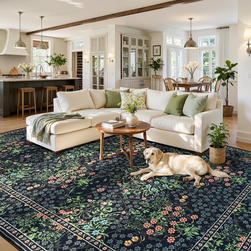 Lessymo Floral Black Green Washable Rugs 8x10, Living Room Area Rug Non Slip Boho Low Plie Large Carpet for Bedroom Dining Room Home Office, Vintage Flower Decor Distressed Retro Indoor - Image 5
