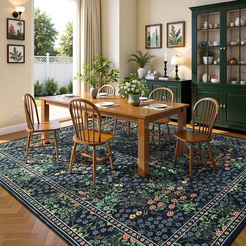 Lessymo Floral Black Green Washable Rugs 8x10, Living Room Area Rug Non Slip Boho Low Plie Large Carpet for Bedroom Dining Room Home Office, Vintage Flower Decor Distressed Retro Indoor - Image 3
