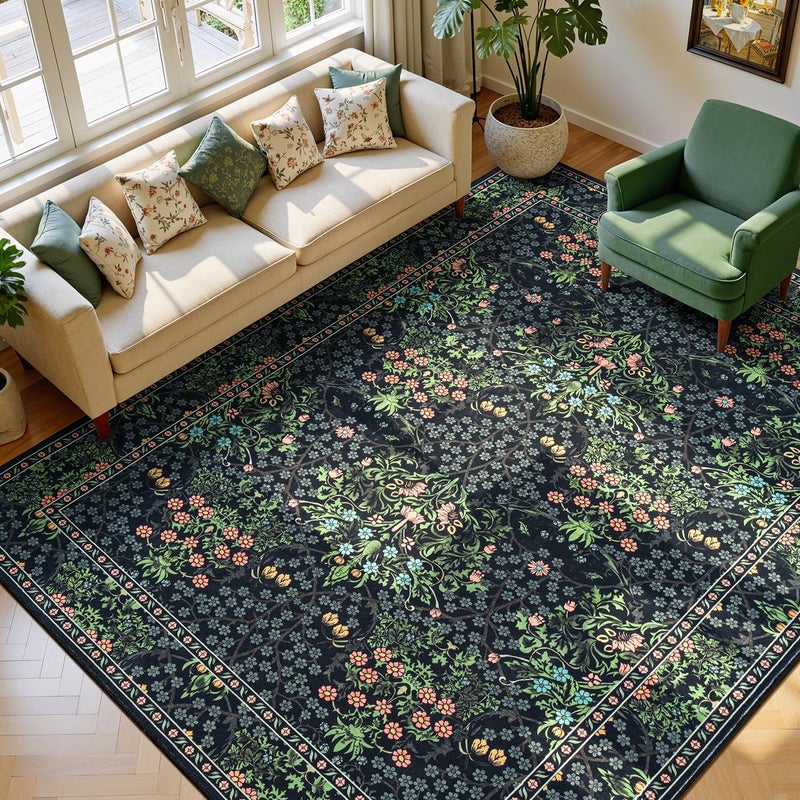 Lessymo Floral Black Green Washable Rugs 8x10, Living Room Area Rug Non Slip Boho Low Plie Large Carpet for Bedroom Dining Room Home Office, Vintage Flower Decor Distressed Retro Indoor - Image 1