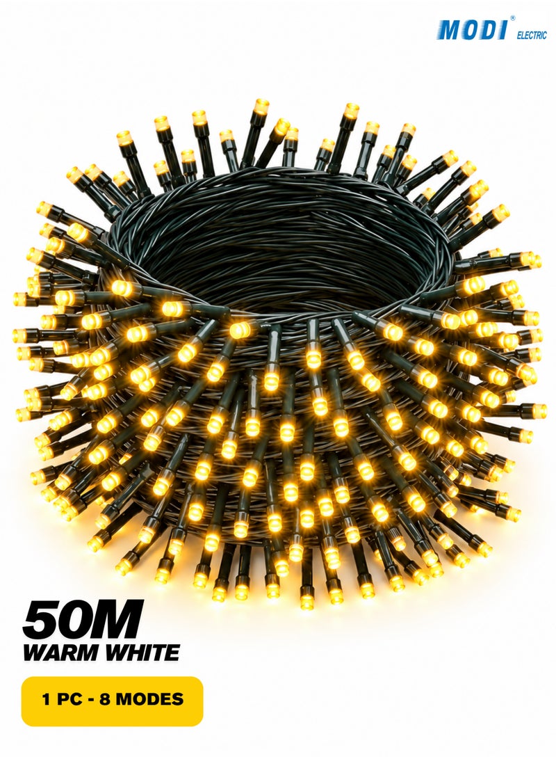 MODI 50M, Warm White, 1 Piece, LED String Lights With 8 Lighting Modes, End-To-End Connector, Black Wire And IP44 Splash-Resistant Design - Image 1