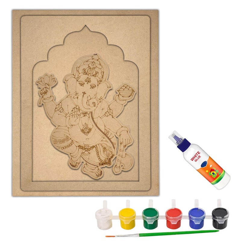 Wrapping Studio MDF Board for Lippan Art - Pre-Marked Lord Ganesha in Jharokha Design Cutouts for Craft, Painting, DIY Projects - Eco-Friendly MDF Wood, 30x23 cm, with Colors and Glue - Image 1