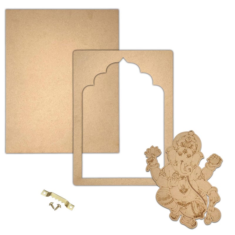 Wrapping Studio MDF Board for Lippan Art - Pre-Marked Lord Ganesha in Jharokha Design Cutouts for Craft, Painting, DIY Projects - Eco-Friendly MDF Wood, 30x23 cm, with Colors and Glue - Image 2
